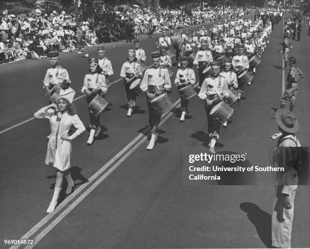 American Legion parade, drum corps, drum majorette, Long Beach, California, early to mid twentieth century.