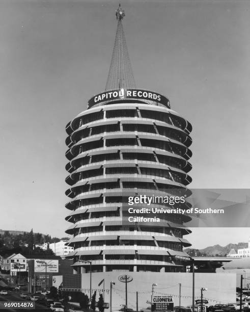 Capitol Records at the corner of Vine Street and Yucca Street, facing north towards the Hollywood Hills, Los Angeles, California, early to mid...