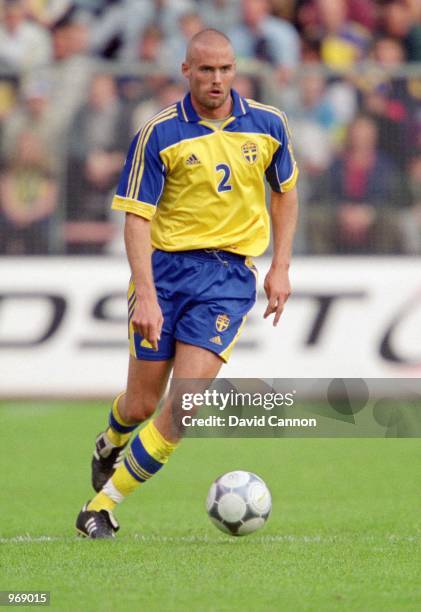 Olof Mellberg of Sweden on the ball during the FIFA 2002 World Cup Qualifier against Slovakia played at the Rasunda Stadion in Stockholm, Sweden....