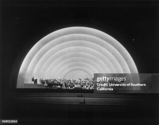 Looking toward the orchestra during a nightime concert at the Hollywood Bowl, Los Angeles, California, early to mid twentieth century.
