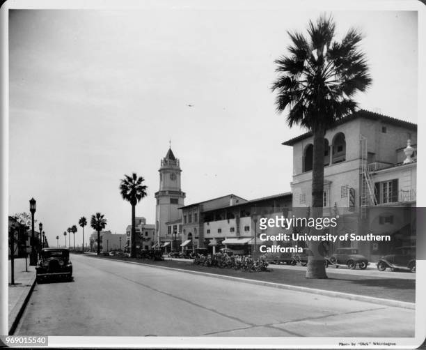 View of car-lined street in Westwood Village, Los Angeles, California, early to mid twentieth century.