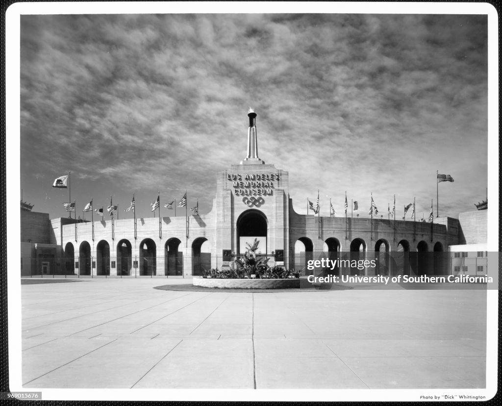 A facade of the entrance of the Los Angeles Memorial Coliseum