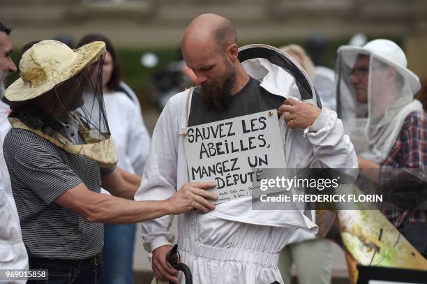 Beekeeper with a placard on his chest reading "Save a bee, eat a MP" gathers with others during a demonstration in Strasbourg, eastern France, on...
