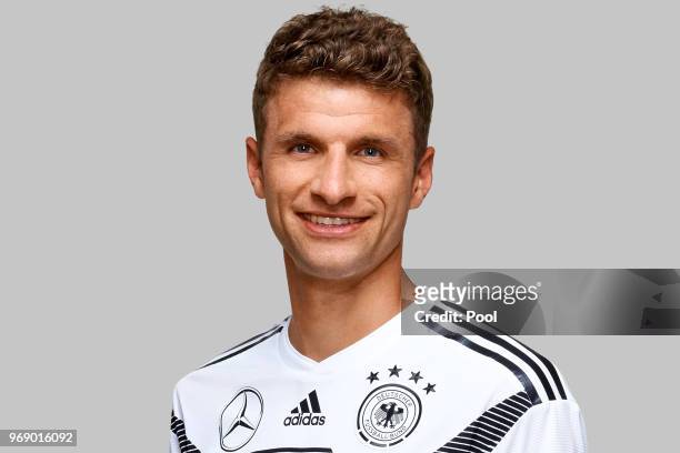 Thomas Mueller poses for a photo during a portrait session ahead of the 2018 FIFA World Cup Russia at Eppan training ground on June 5, 2018 in Eppan,...