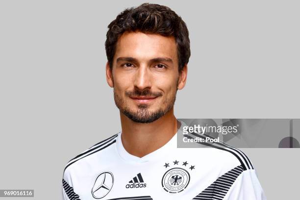 Mats Hummels poses for a photo during a portrait session ahead of the 2018 FIFA World Cup Russia at Eppan training ground on June 5, 2018 in Eppan,...