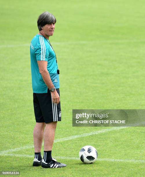 Germany's national football team head coach Joachim Loew attends a training session at the Rungghof training centre on June 7, 2018 in Eppan near...