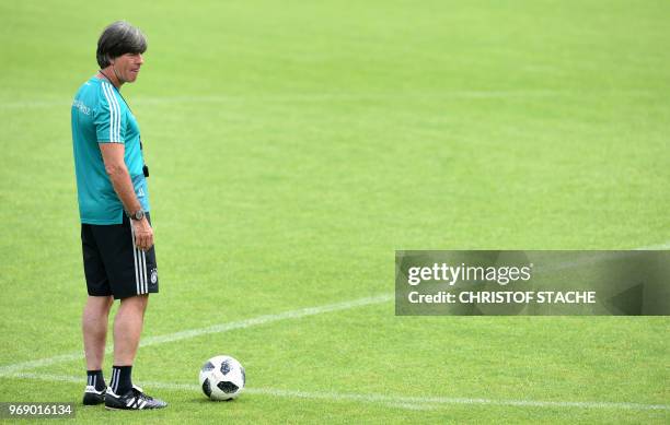 Germany's national football team head coach Joachim Loew attends a training session at the Rungghof training centre on June 7, 2018 in Eppan near...