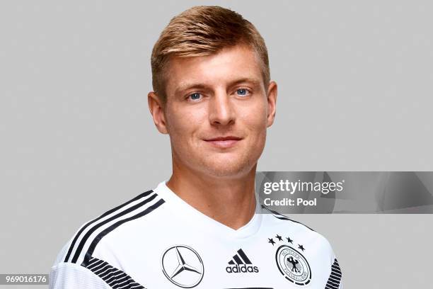 Toni Kroos poses for a photo during a portrait session ahead of the 2018 FIFA World Cup Russia at Eppan training ground on June 5, 2018 in Eppan,...