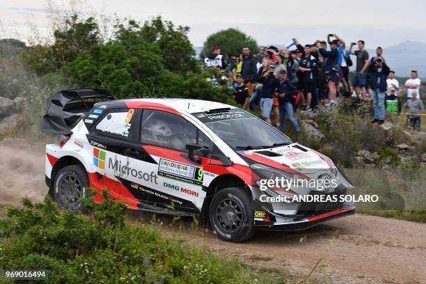 Finnish driver Esapekka Lappi and co-driver Janne Ferm, steer their Toyota Yaris WRC during the shakedown stage of the 2018 FIA World Rally...