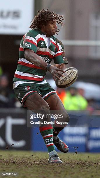 Lote Tuqiri of Leicester passes the ball during the Guinness Premiership match between Leicester Tigers and Gloucester at Welford Road on February...