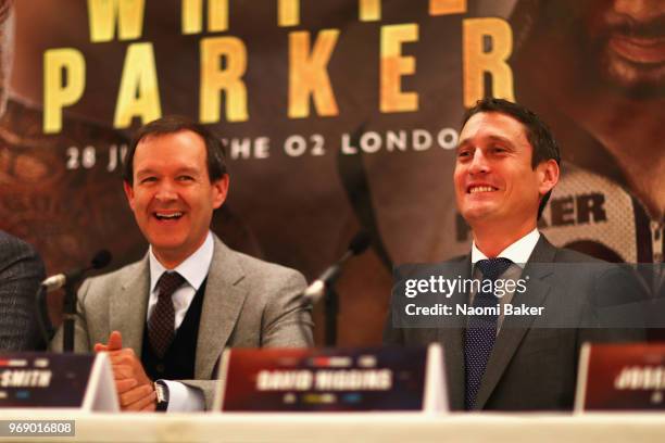 David Higgins speaks to the media during the Dillian Whyte and Joseph Parker Press Conference at The Dorchester Hotel on June 7, 2018 in London,...