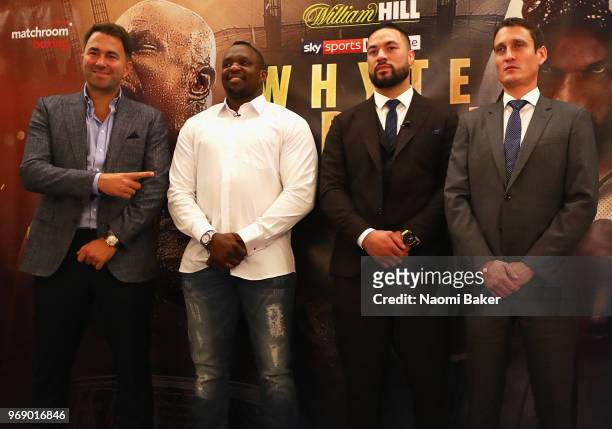 Eddie Hearn, Dillian Whyte , Joseph Parker and David Higgins pose for photographs during the Dillian Whyte and Joseph Parker Press Conference at The...