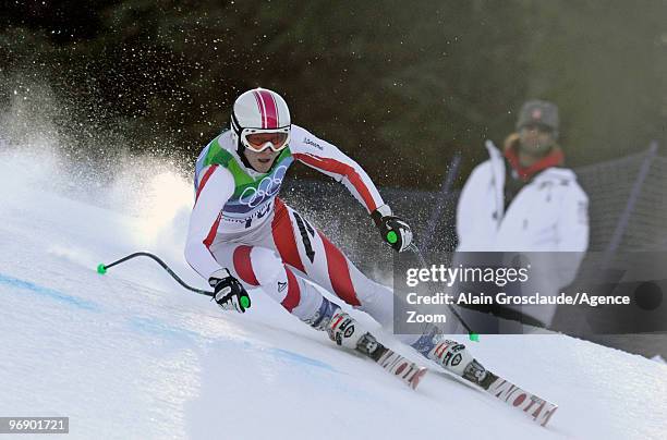 Andrea Fischbacher of Austria skis and wins the gold medal during the Women's Alpine Skiing Super-G on Day 9 of the 2010 Vancouver Winter Olympic...