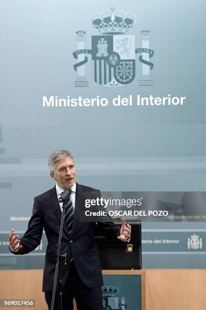 The new Spanish interior minister Fernando Grande-Marlaska speaks during the portfolio handover ceremony at the Interior Ministry headquarters in...