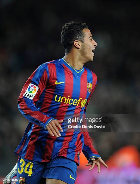 Thiago of Barcelona celebrates after scoring his team's fourth goal during the La Liga match between Barcelona and Racing Santander at Camp Nou...