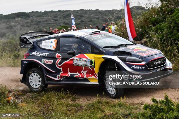 Finnish driver Teemu Suninen and compatriot co-driver Mikko Markkula steer their Ford Fiesta WRC during the shakedown stage of the 2018 FIA World...