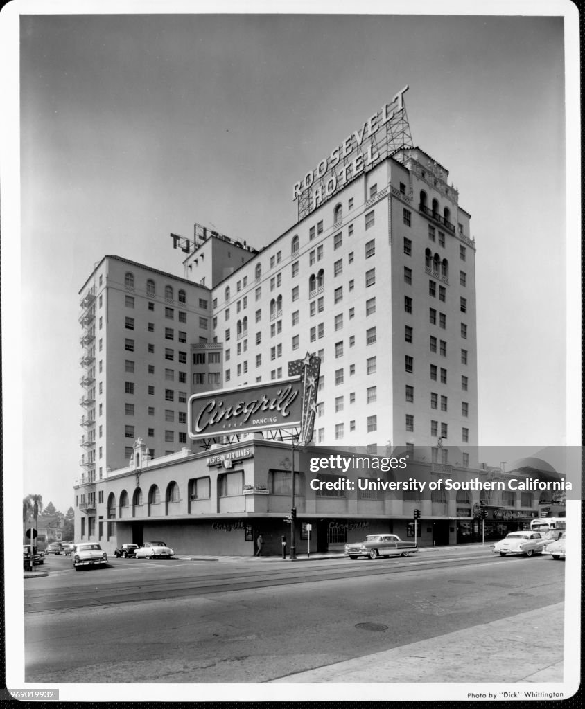 Looking across Hollywood Boulevard to the Roosevelt Hotel