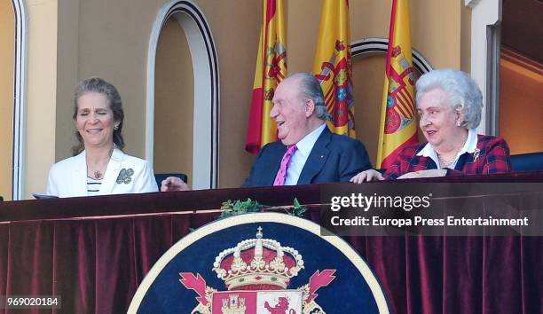 King Juan Carlos, his daughter Princess Elena of Spain and his sister Princess Pilar attend La Beneficiencia Bullfight at Las Ventas Bullring on June...