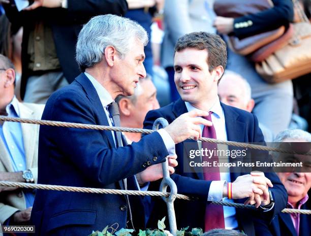 Adolfo Suarez Illana and Pablo Casado attend La Beneficiencia Bullfight at Las Ventas Bullring on June 6, 2018 in Madrid, Spain.