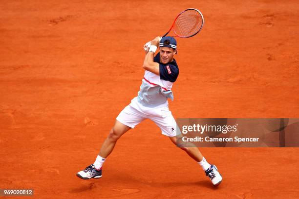 Diego Schwartzman of Argentina plays a backhand during the mens singles quarter finals match against Rafael Nadal of Spain during day twelve of the...