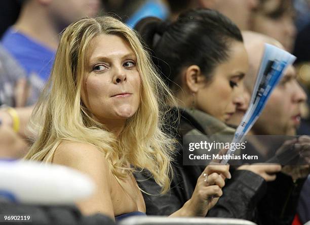 Actress Anne-Sophie Briest watches the match during the Beko Basketball Bundesliga match between Alba Berlin and Telekom Baskets Bonn at O2 World...
