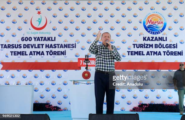 Turkish President and the leader of the Justice and Development Party Recep Tayyip Erdogan addresses the crowd during a groundbreaking of a State...