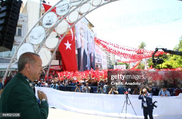 Turkish President and the leader of the Justice and Development Party Recep Tayyip Erdogan greets the crowd during a groundbreaking of a State...