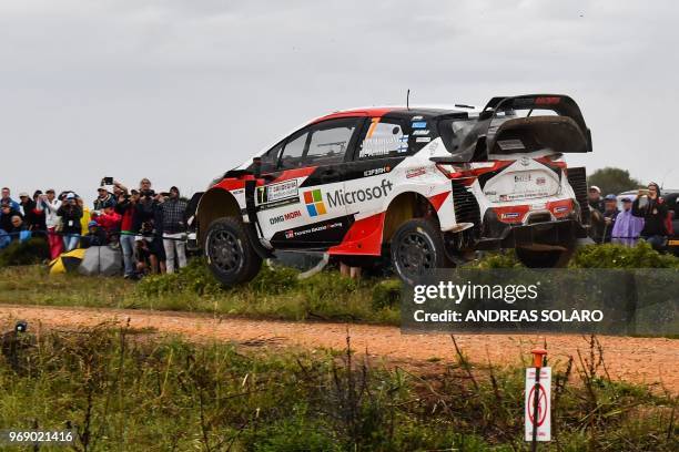 Finnish driver Jari-Matti Latvala and compatriot co-driver Miikka Anttila drive their Toyota Yaris WRC, during the shakedown stage of the 2018 FIA...