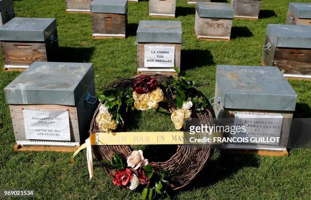 The ribbon on a wreath reads 'Requiem for a massacre' placed in front of beehives during a demonstration at the Esplanade des Invalides in Paris on...