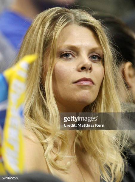 Actress Anne-Sophie Briest watches the match during the Beko Basketball Bundesliga match between Alba Berlin and Telekom Baskets Bonn at O2 World...