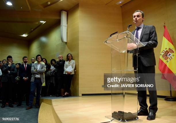 Spanish minister of science, innovation and universities Pedro Duque attends the portfolio handover ceremony in Madrid on June 7, 2018. - King Felipe...
