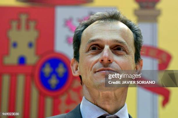 Spanish minister of science, innovation and universities Pedro Duque attends the portfolio handover ceremony in Madrid on June 7, 2018. - King Felipe...