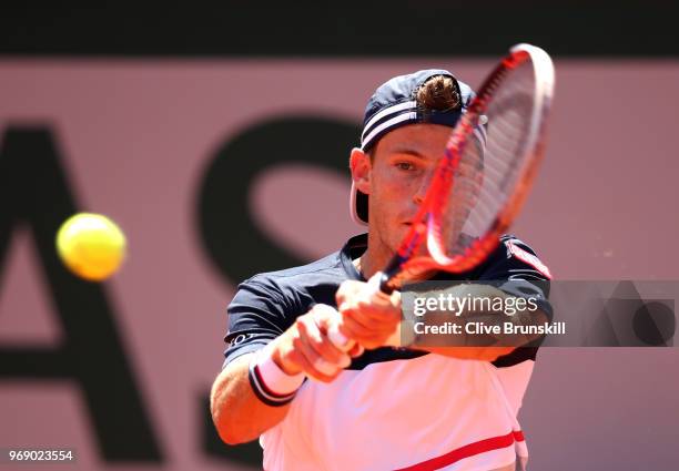 Diego Schwartzman of Argentina plays a backhand during the mens singles quarter finals match against Rafael Nadal of Spain during day twelve of the...