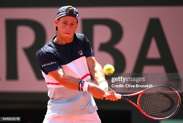 Diego Schwartzman of Argentina plays a backhand during the mens singles quarter finals match against Rafael Nadal of Spain during day twelve of the...