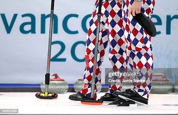 Detail of the pants of members of the team from Norway during the curling round robin game against Denmark on day 9 of the Vancouver 2010 Winter...