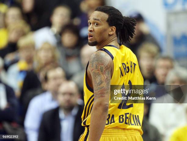 Rashad Wright of Berlin looks on during the Beko Basketball Bundesliga match between Alba Berlin and Telekom Baskets Bonn at O2 World stadium on...