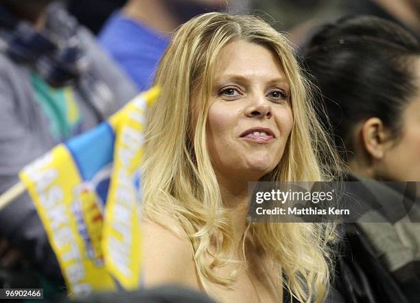 Actress Anne-Sophie Briest watches the match during the Beko Basketball Bundesliga match between Alba Berlin and Telekom Baskets Bonn at O2 World...