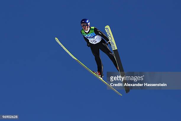 Adam Malysz of Poland soars off the Large Hill on day 9 of the 2010 Vancouver Winter Olympics at Ski Jumping Stadium on February 20, 2010 in...