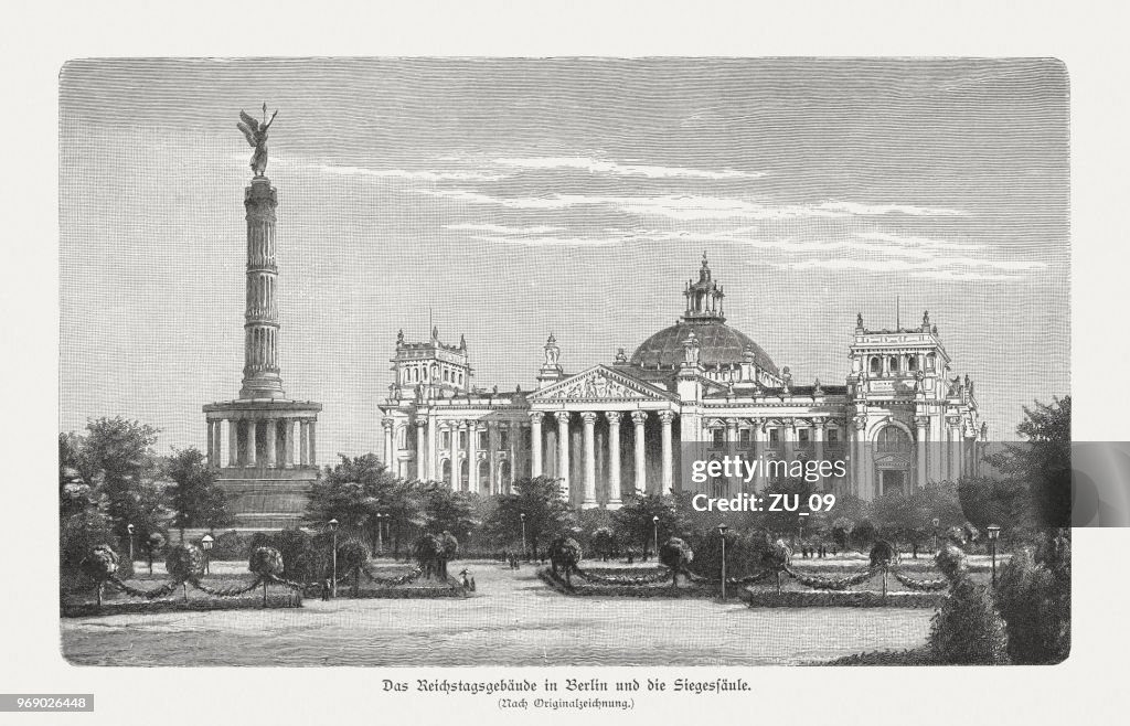 Reichstag building and Victory Column, Berlin, Germany, woodcut, published 1897