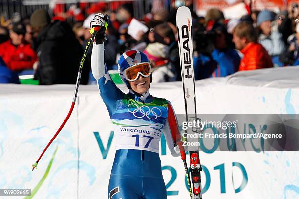 Lindsey Vonn of the USA wins the bronze medal during the Women's Alpine Skiing Super-G on Day 9 of the 2010 Vancouver Winter Olympic Games on...