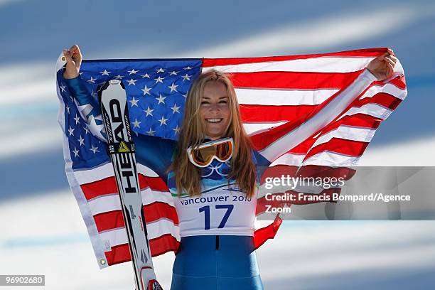 Lindsey Vonn of the USA wins the bronze medal during the Women's Alpine Skiing Super-G on Day 9 of the 2010 Vancouver Winter Olympic Games on...