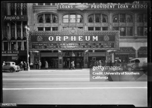 Photograph of the marquee of Orpheum Theatre advertising the motion picture, Los Angeles, California, 1932.