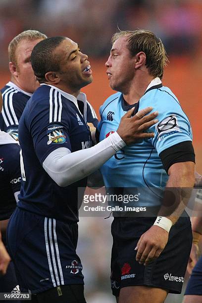 Bryan Habana from the Stormers and Phil Waugh from the Waratahs get in each others face during the Super 14 match between Vodacom Stormers and HSBC...