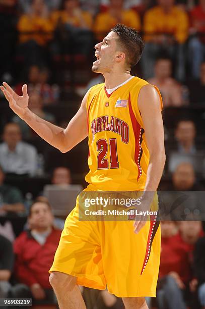 Greivis Vasquez of the Maryland Terrapins reacts to the crowd during a college basketball game against the Georgia Tech Yellow Jackets on February...