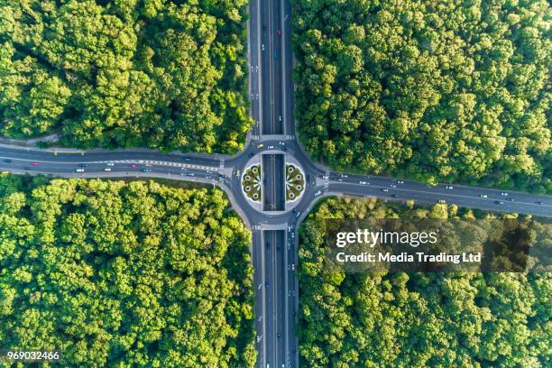 ampia vista aerea che guarda in basso sul cerchio del traffico nel mezzo di una bellissima foresta - incrocio stradale foto e immagini stock