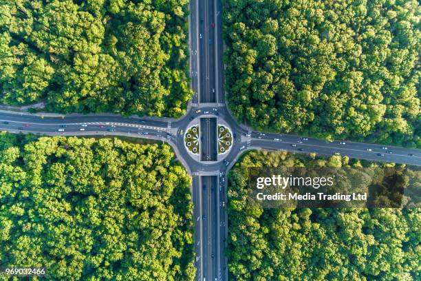 brede luchtfoto neer te kijken op verkeersplein in het midden van een prachtig bos - dwarsweg stockfoto's en -beelden