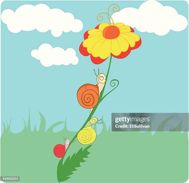 three snails climbing a flower - escargot 幅插畫檔、美工圖案、卡通及圖標