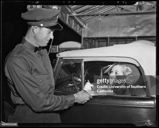 Patricia Ellis at Country Club service station, Olympic Boulevard, Beverly Hills, California, 1940.
