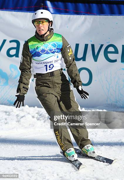 Elizabeth Gardner of Australia reacts after competing in the freestyle skiing ladies' aerials qualification on day 9 of the Vancouver 2010 Winter...