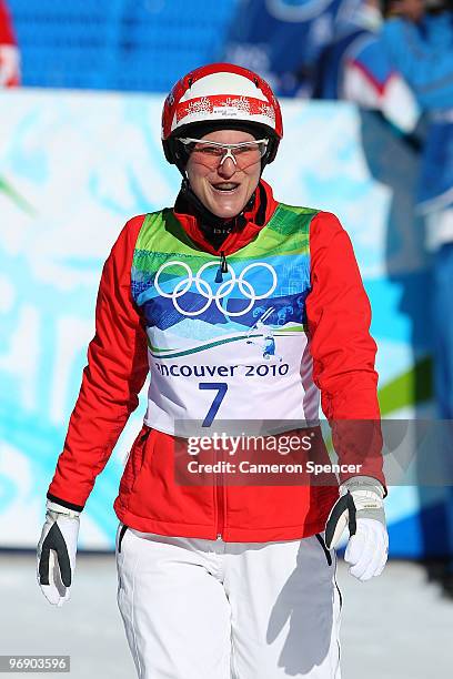 Evelyne Leu of Switzerland reacts after competing in the freestyle skiing ladies' aerials qualification on day 9 of the Vancouver 2010 Winter...